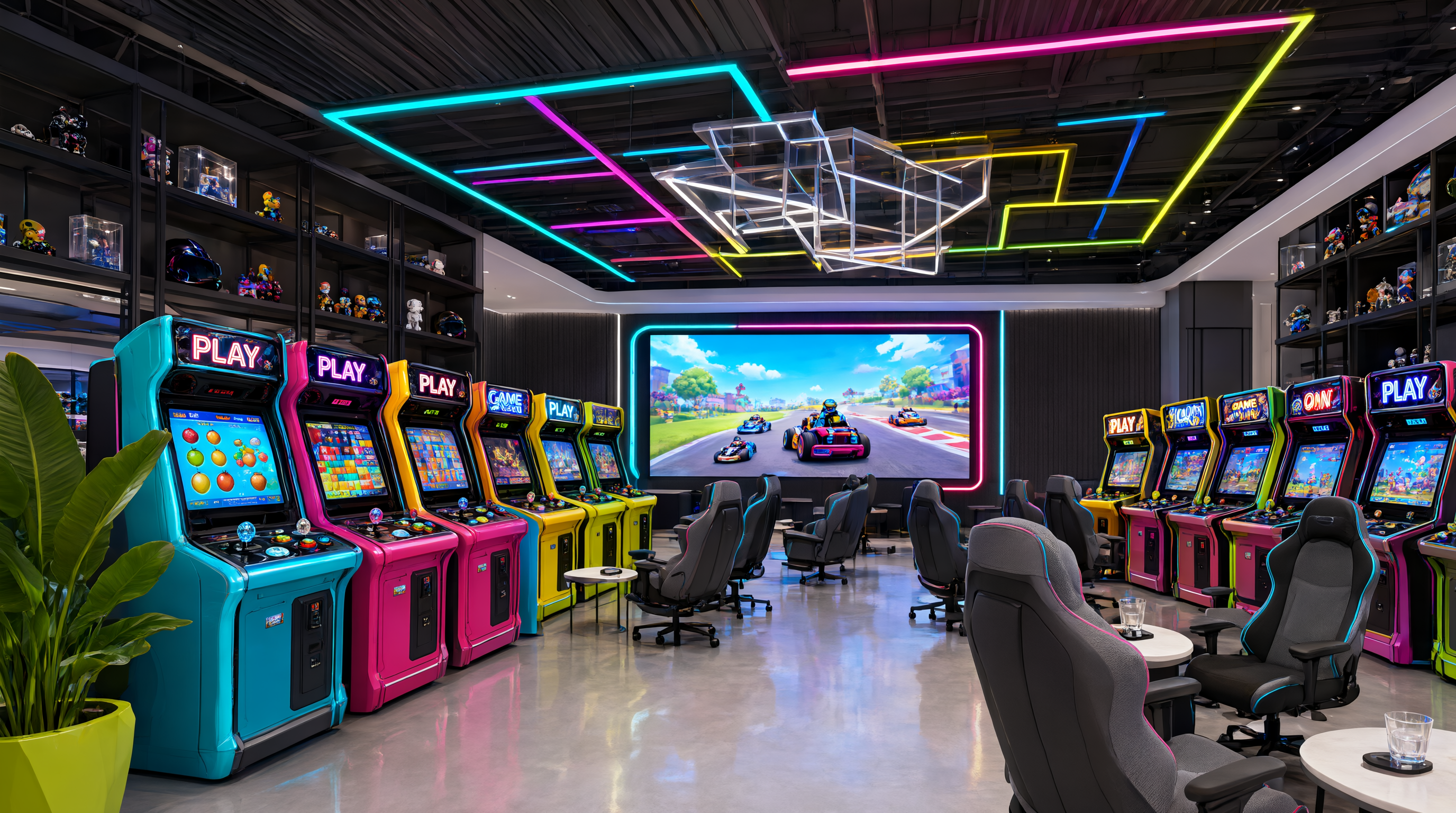 Színes arcade gépek és kijelzők egy betmatch játékteremben